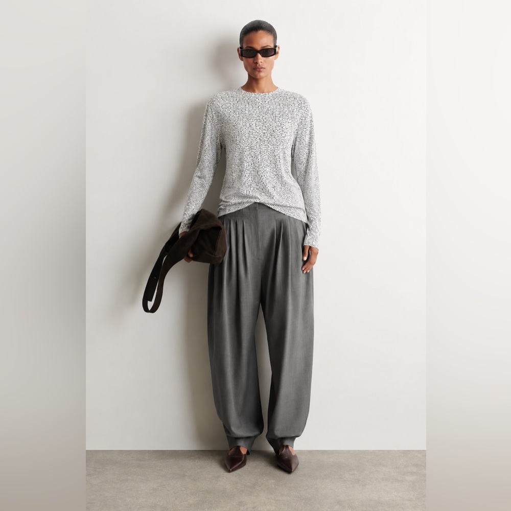 COS White Ribbed Knit Top with Black Stitching